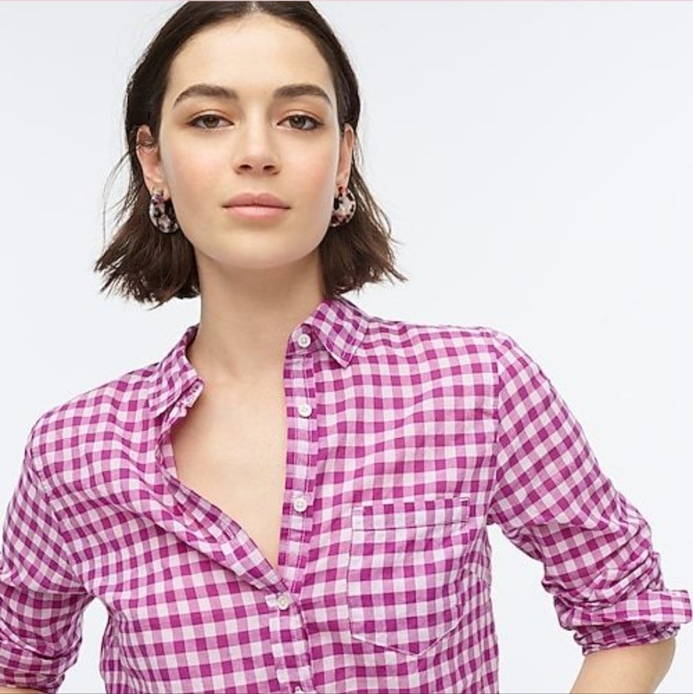 J. Crew Classic Cotton Popover Shirt in Crinkle Gingham Sz XS